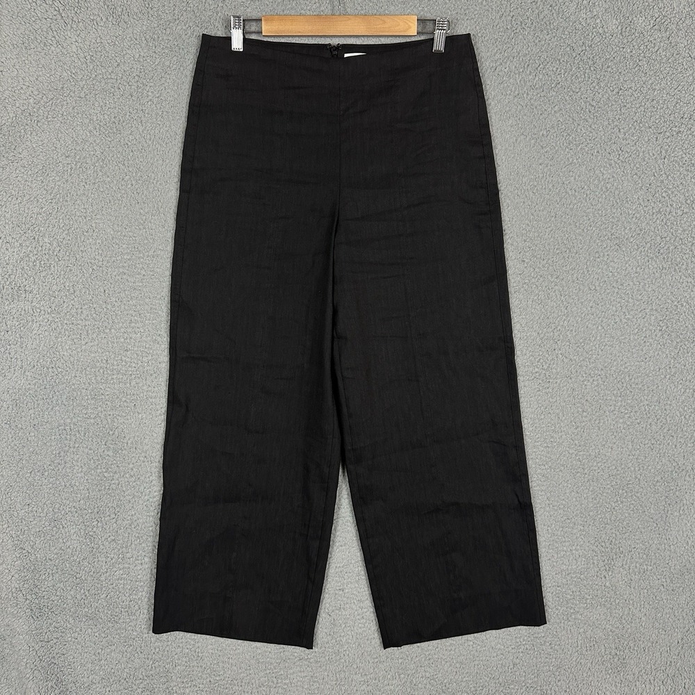 Vince. Cropped Pants Women's 10 Black Wide Leg Linen Blend Back Zip High Waist